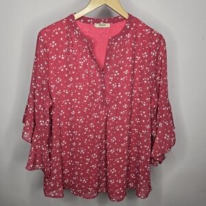 Timeson Deep Rise Pink & White Speckled Blouse with Sheer Sleeves Women's Size L